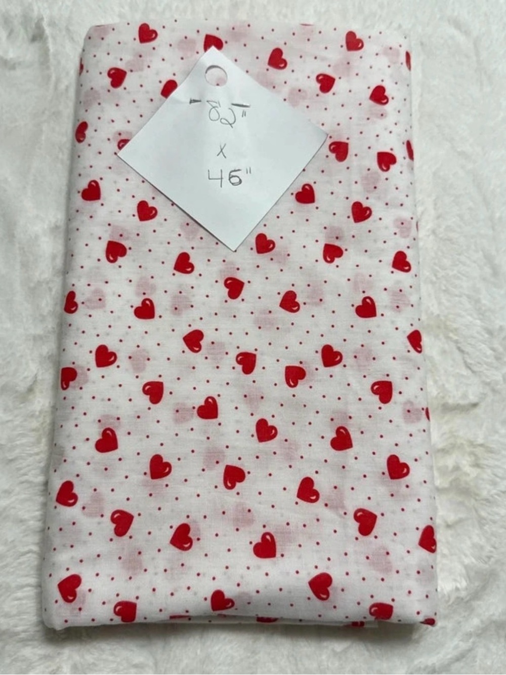 Fabric- lightweight white fabric with small red heart & dot pattern. 82” X 46”